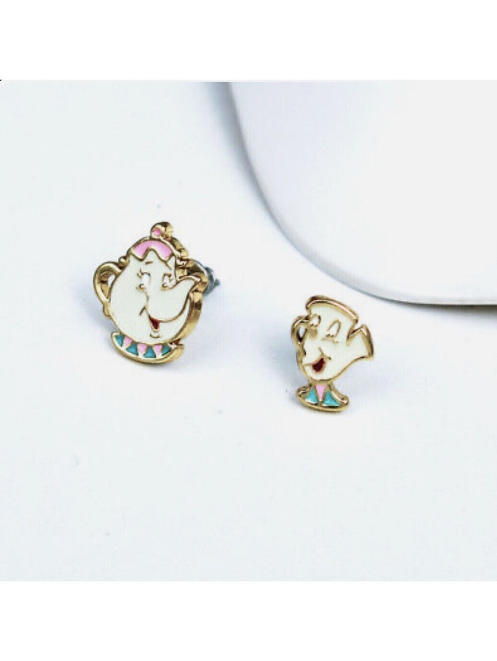 Beauty And The Beast Mrs Potts & Chip Stud Gold Enamel Earrings Disney Cute